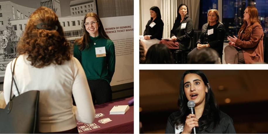 Collage of photos. Photo 1: an isenberg student talking to an event attendee. Photo 2: Panel at the event Photo 3: Women asking panel a question